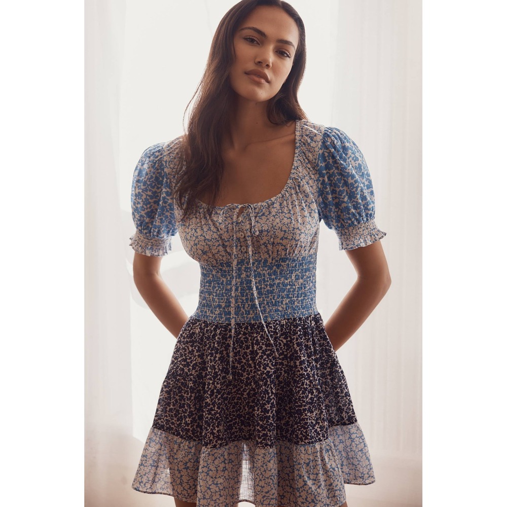 By Anthropologie Puff-Sleeve Tiered Mini Dress Size Small Blue Patchwork Floral